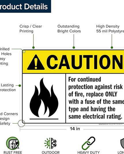 Warning For Continued Protection Against Risk Of Fire Replace Sign, 10x14 Inches, 55 mil thick HDPS (high density polystyrene), Made in USA by My Sign Center