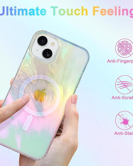 Glitter Case for iPhone 15 Case for Women Girls [ Compatible with Magsafe ] Clear Cute Aesthetic Girly Iridescent Feather Sparkly Bling Magnetic Phone Cover, Gradient Blue & Pink