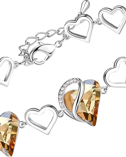 Leafael Infinity Love Heart Link Bracelets, Birthstone or Healing Stone Crystal Bracelet for Women, Silver Tone Jewelry Gifts for Her, 7-inch Chain and 2-inch Extender