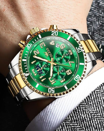 OLEVS Mens Watches Chronograph Watch Luxury Dress Stainless Steel Waterproof Watches for Men Moon Phase Luminous Business Calendar Wrist Watch Blue/Black/Green/Gold/Face