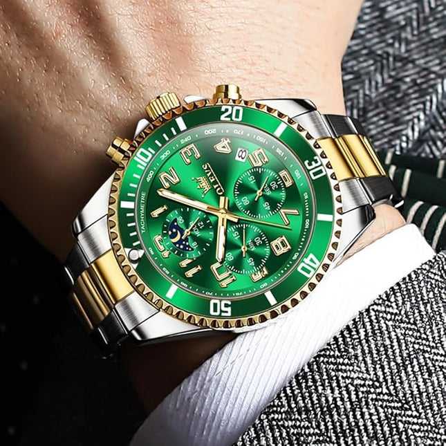 OLEVS Mens Watches Chronograph Watch Luxury Dress Stainless Steel Waterproof Watches for Men Moon Phase Luminous Business Calendar Wrist Watch Blue/Black/Green/Gold/Face