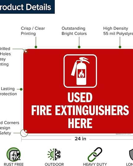 Used Fire Extinguishers Here Sign, 18x24 Inches, 55 mil thick HDPS (high density polystyrene), Made in USA by My Sign Center