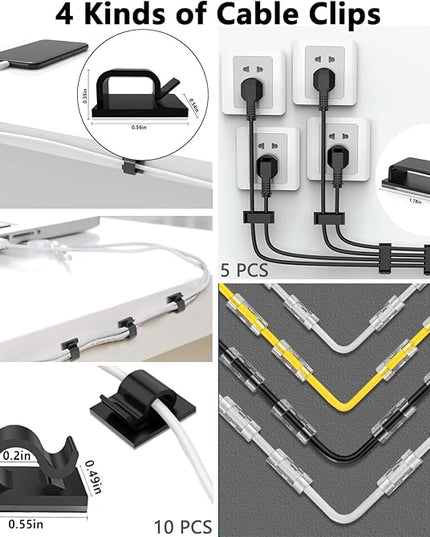 ELII 302PCS Cable Management Kit 4 Cable Sleeve,45Cable Clips,11Cable Holders,22 Roll Cable Organizer Straps and 200 Fastening Cable Ties,20 Cable Zip Tie Mounts Computer Under Desk (Black)