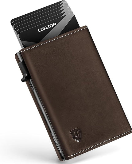 LORZOR Wallet for Men with Metal Card Holder, Pop Up Wallet, Finest Full Grain Leather Trifold Wallet, Smart, Minimalist, RFID Blocking, Front Pocket, ID Window, Brown/Grey