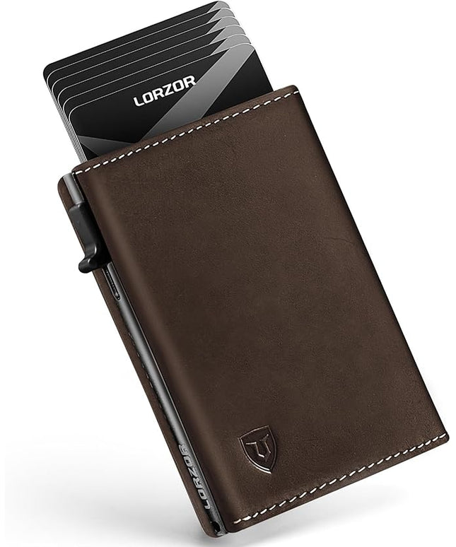LORZOR Wallet for Men with Metal Card Holder, Pop Up Wallet, Finest Full Grain Leather Trifold Wallet, Smart, Minimalist, RFID Blocking, Front Pocket, ID Window, Brown/Grey