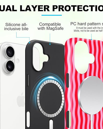 Magnetic for iPhone 17 Case Cute Wavy Stripes Phone Case, Shockproof Slim TPU and Hard PC Protective Phone Cover Compatible with MagSafe Designed for Women Girls, Red