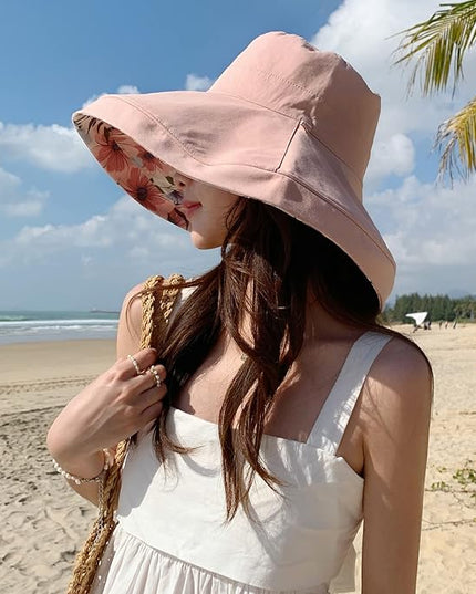 HUAMULAN Women Summer Sun Hat Wide Brim Wired Edge Floral Beach Bucket Hats Reversible Foldable Travel UV Protection Lady Hat