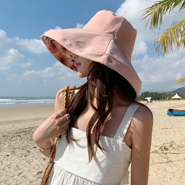 HUAMULAN Women Summer Sun Hat Wide Brim Wired Edge Floral Beach Bucket Hats Reversible Foldable Travel UV Protection Lady Hat