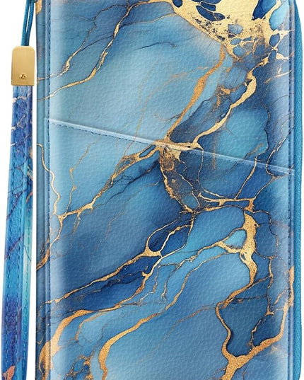 Family Passport Holder Wallet RFID Blocking Document Organizer PU Leather Mulit-purpose Travel Wallet Credit Cards Case for Women Men, Blue Marble