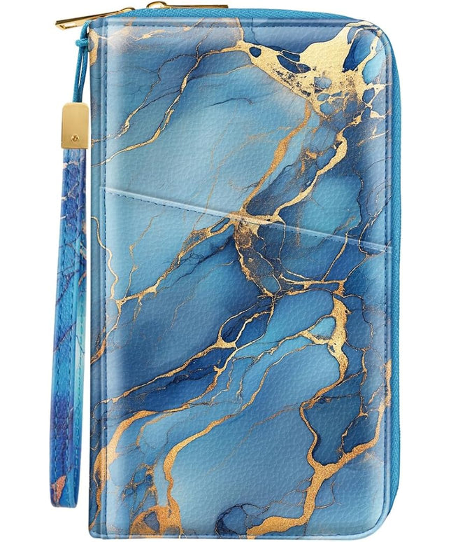 Family Passport Holder Wallet RFID Blocking Document Organizer PU Leather Mulit-purpose Travel Wallet Credit Cards Case for Women Men, Blue Marble