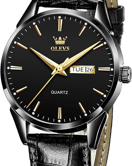 OLEVS Watches for Men Brown Leather Gold Case Analog Quartz Fashion Business Dress Watch Day Date Luminous Waterproof Casual Male Wrist Watches
