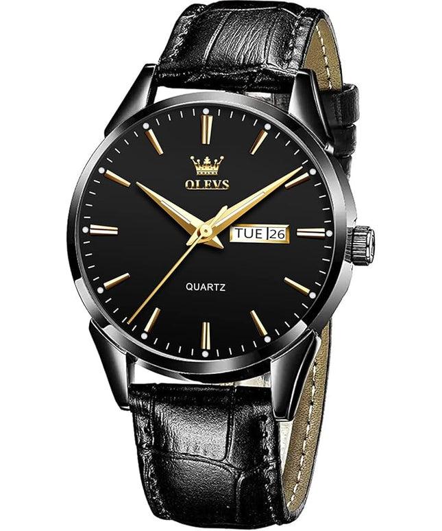 OLEVS Watches for Men Brown Leather Gold Case Analog Quartz Fashion Business Dress Watch Day Date Luminous Waterproof Casual Male Wrist Watches