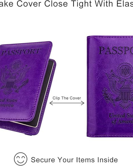 WALNEW Passport Holder for Travel, RFID Passport Cover Wallet for Women Men, PU Leather Passport Book Card Holder Case with Pen (Elastic Band Closure, A-Purple)