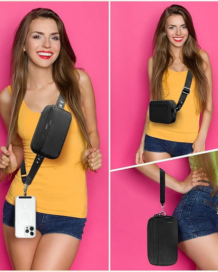 Clip and Go Strap for Phone with Wallet Crossbody, Adjustable Phone Lanyard with Detachable RFID Wristlet Wallet, Black (L)