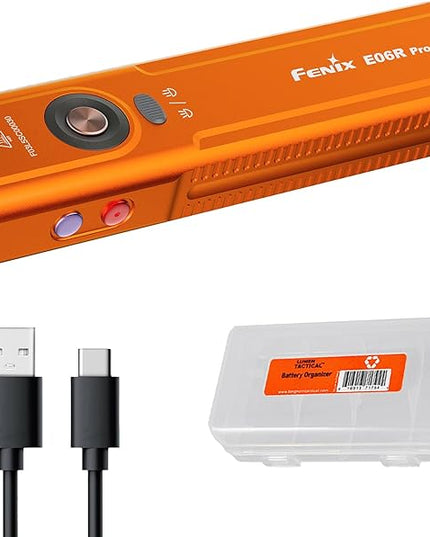 Fenix E06R Pro 1600 Lumens 4-in-1 EDC Flashlight with UV Light, Red Beam, Spotlight/Floodlight, Rechargeable, Flat Shape for Everyday Carry & Outdoor with Lumentac Organizer (Orange)