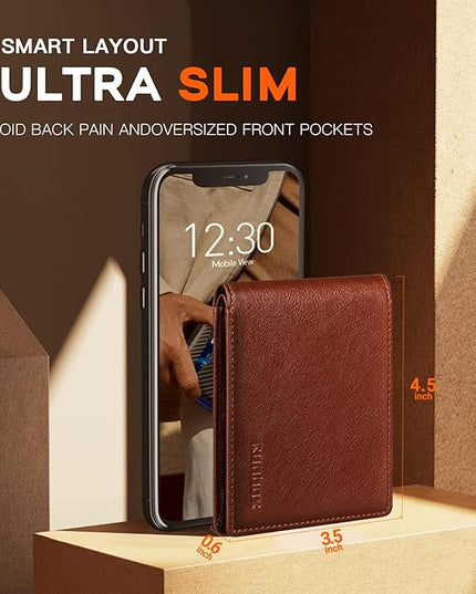RUNBOX Wallet for Men Slim Leather Bifold RFID Blocking Minimalist Front Pocket Design with Gift Box