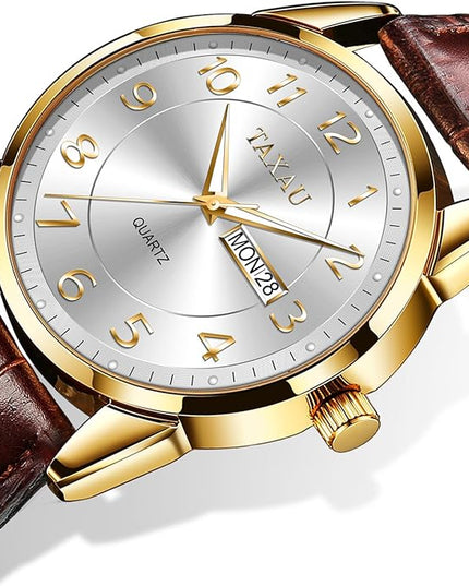 Mens Leather Watch Large Face Classic Quartz Mens Analog Watches Luxury Dress Watches for Men Waterproof Men's Wrist Watch Easy Read with Date Number Dial Relojes para Hombre