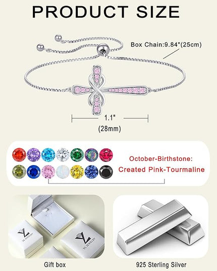 YL Cross Bracelet 925 Sterling Silver Infinity Sideways Link Bracelet Birthstone Jewelry for Women