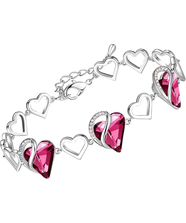 Leafael Infinity Love Heart Link Bracelets, Birthstone or Healing Stone Crystal Bracelet for Women, Silver Tone Jewelry Gifts for Her, 7-inch Chain and 2-inch Extender