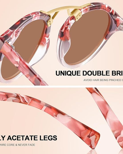 CARFIA Small Face Acetate Polarized Sunglasses for Women UV Protection, Retro Double Bridge Eyewears Metal Brow Round Sunnies