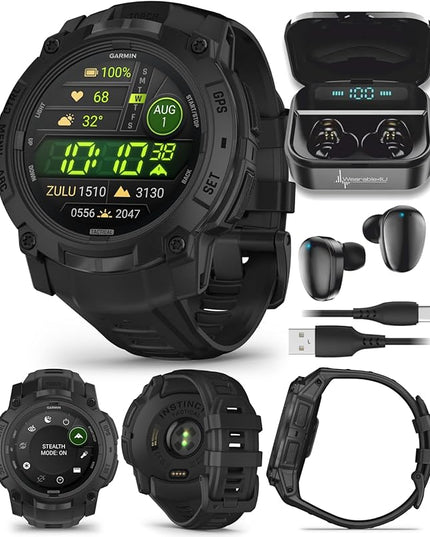 Wearable4U Garmin Instinct 3 Tactical Edition, AMOLED Display, 50mm, Rugged Outdoor GPS Smartwatch, Applied Ballistics Support, LED Flashlight, Multi-Band GPS, 10 ATM Black Earbuds Bundle