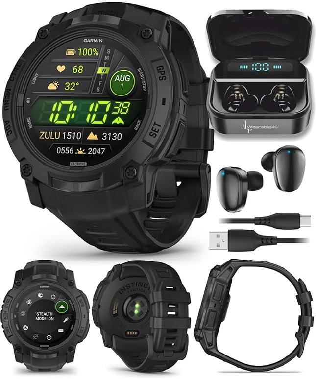 Wearable4U Garmin Instinct 3 Tactical Edition, AMOLED Display, 50mm, Rugged Outdoor GPS Smartwatch, Applied Ballistics Support, LED Flashlight, Multi-Band GPS, 10 ATM Black Earbuds Bundle