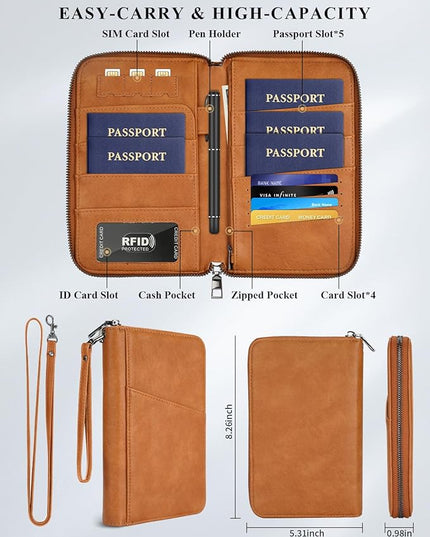 Family Passport Holder Wallet RFID Travel Document Organizer for Women Men, Portable Case Cover for Cards, Boarding Pass with Wrist & Neck Double Strap, Travel Christmas Gifts (Apricot, 1pack)