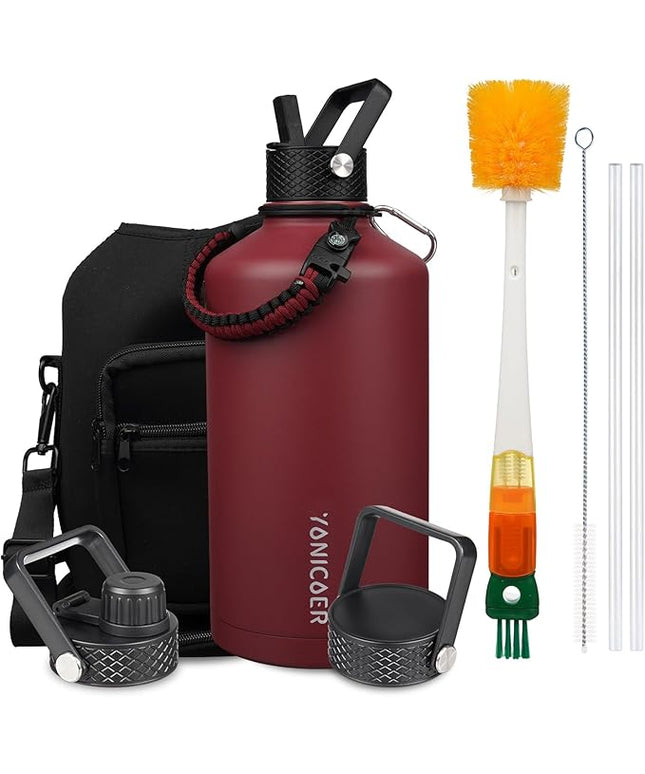 Insulated Water Bottle 128oz,Triple Wall Vacuum Stainless Steel(Dishwasher Safe),Leak Proof & Non-BPA,Flask Jug with Paracord Handle & Straw Spout Lids Sports Red