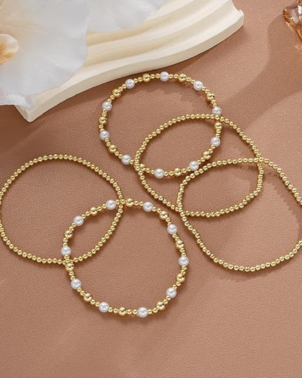 Gold Beaded Bracelets for Women, 14K Real Gold Plated Jewelry for Women Dainty Pearl Bead Bracelets Stack, Non Tarnish Trendy Stackable Ball Cross Stretch Bracelet Set Fashion Accessories Gifts