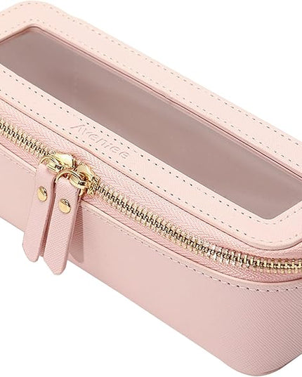 Aveniee Clear Makeup Brush Bag, Slim Cosmetic Brush Holder, small Toiletry Bag Mini Travel Case for Women, Thin Make up Bags with Dual Zipper, Cute Travel Essentials Organizer,Pink