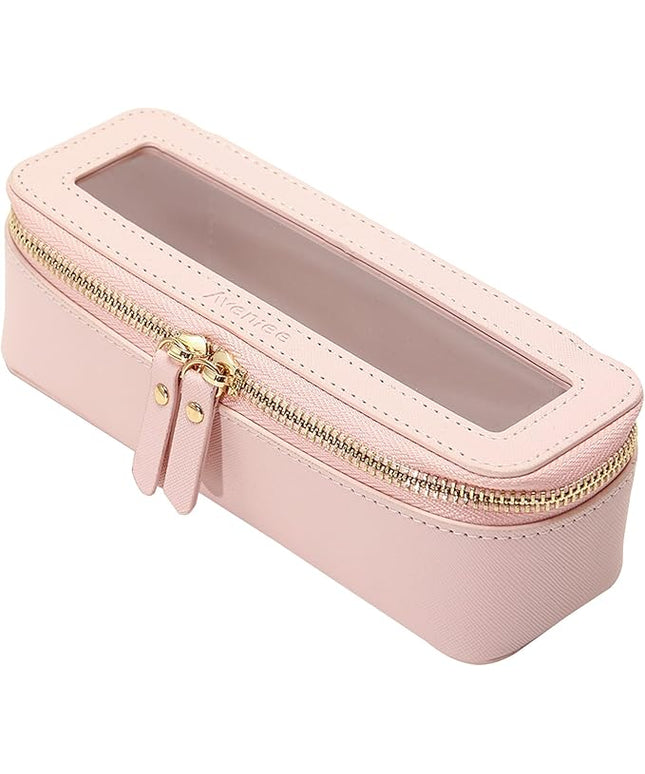 Aveniee Clear Makeup Brush Bag, Slim Cosmetic Brush Holder, small Toiletry Bag Mini Travel Case for Women, Thin Make up Bags with Dual Zipper, Cute Travel Essentials Organizer,Pink