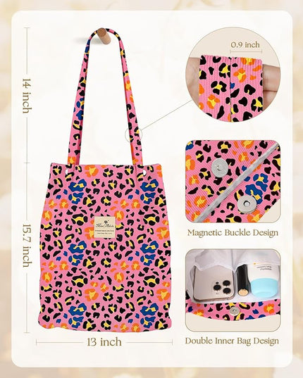 Corduroy Tote Bag for Women - Reusable Totes with Pocket & Buckle Cute Aesthetic Shoulder Bag for Work Travel