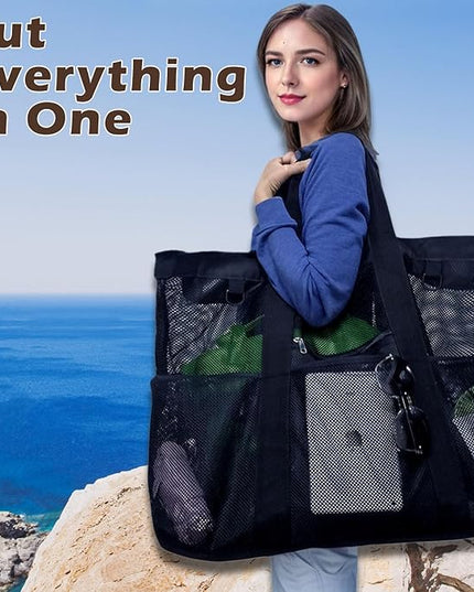 Mesh Beach Bag, Large Beach Tote with Zipper Pocket, Toys Pool Bag for Family Travel Vacation Cruise Essentials