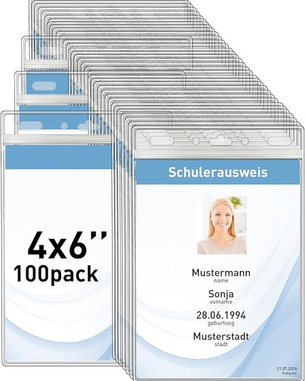 Vertical ID Badge Holders with Soft Edge (Sealable Fits 4x6 Inch Insert) (100 Pack), Waterproof Passport ID Card Holder, Name Tag Holder, Name Badge Holders, Zipper Plastic Badge Holder