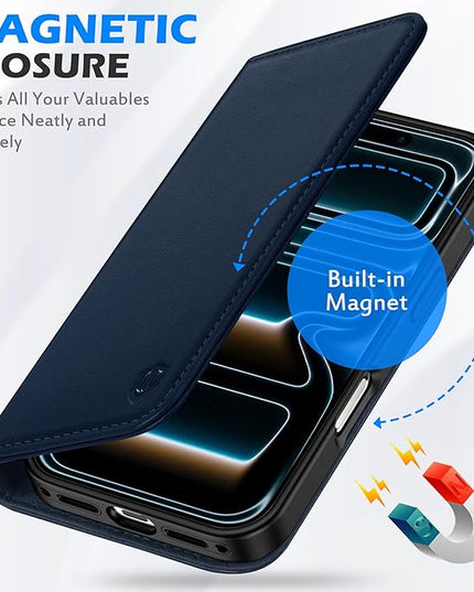 SHIELDON Case Wallet for iPhone 17 Pro 6.3-inch | Genuine Leather | RFID Blocking Credit Card Holder | Magnetic Closure | Folio | Kickstand | TPU Soft Full Protective Cover 2025 | Navy Blue