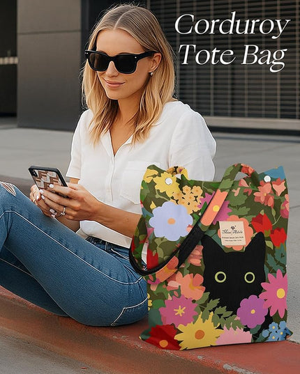 Corduroy Tote Bag for Women - Reusable Totes with Pocket & Buckle Cute Aesthetic Shoulder Bag for Work Travel