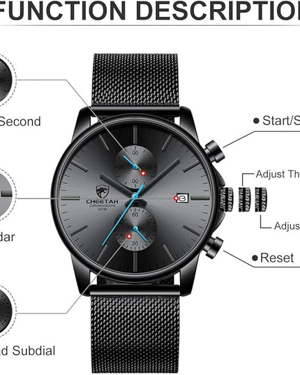 GOLDEN HOUR Mens Watch Fashion Sleek Minimalist Quartz Analog Mesh Stainless Steel Waterproof Chronograph Watches for Men with Auto Date