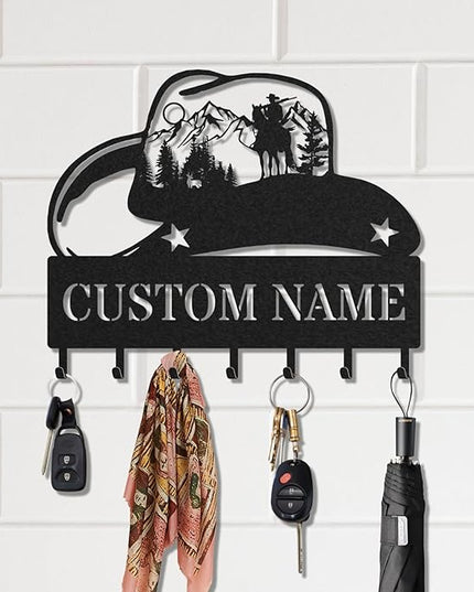 LOWACOS Personalized Key Holder for Wall, Custom Metal Cowboy Key Hooks with Name, Meta Jacket Holder Hooks Organizer Rack, Jacket Hanger Decor for Kitchen, Entryway, Hallway, Office, Doorway