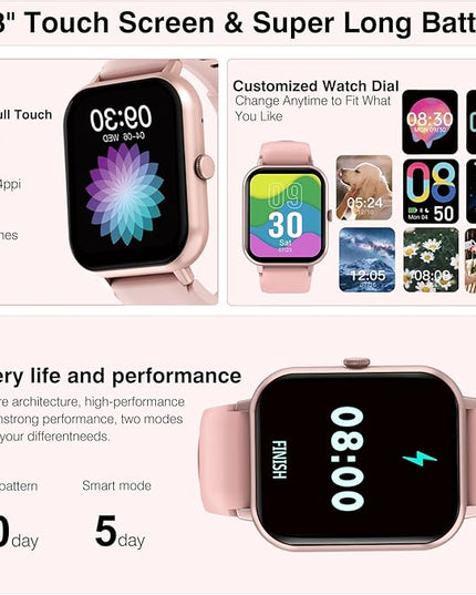 Smart Watch for Men Women Compatible with IOS Android Phone, 1.83" Full Touchscreen IP68 Waterproof Smart Watches,Fitness Tracker with Make/Recive Call 123+ Sport Modes Heart Rate/Sleep Monitor,Pink