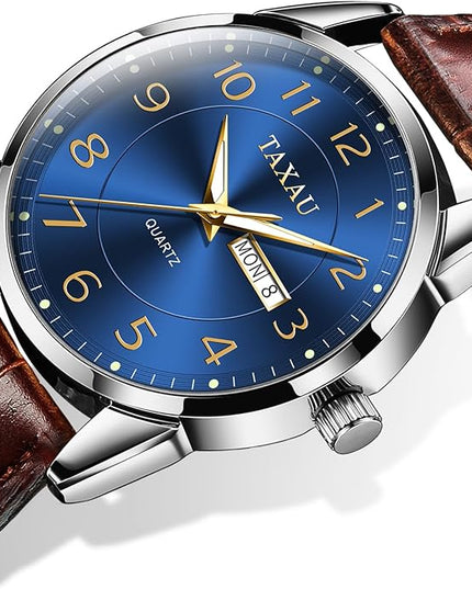 Mens Leather Watch Large Face Classic Quartz Mens Analog Watches Luxury Dress Watches for Men Waterproof Men's Wrist Watch Easy Read with Date Number Dial Relojes para Hombre