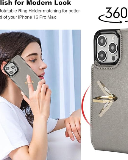 Folosu Compatible with iPhone 16 Pro Max Case Wallet with Card Holder, 360°Rotation Finger Ring Holder Kickstand, RFID Blocking Leather Protective Double Buttons Shockproof Cover 6.9 Inch Gray