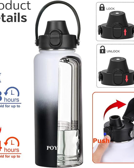 Water Bottle Insulated 32oz 40oz 64oz 128oz Straw Lid Spout Lid & 3 Lids, Leak Proof, Vacuum Insulated,Stainless Steel Water Bottle Wide Mouth for Sports, Gym or Office