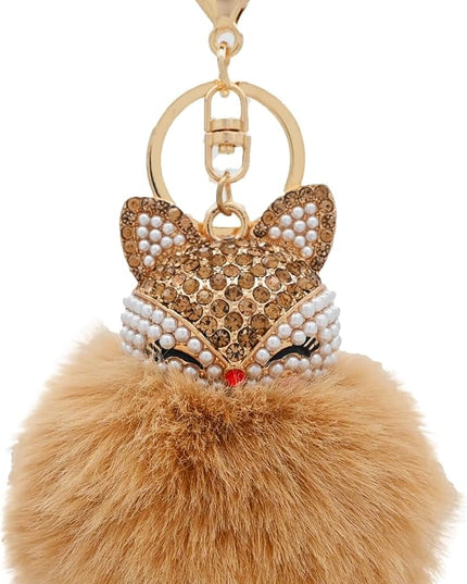 Faux Rabbit Fur Ball Pom Pom Keychain with Fox Head Studded with pearl Rhinestone for Womens Bag Car Key Decoration