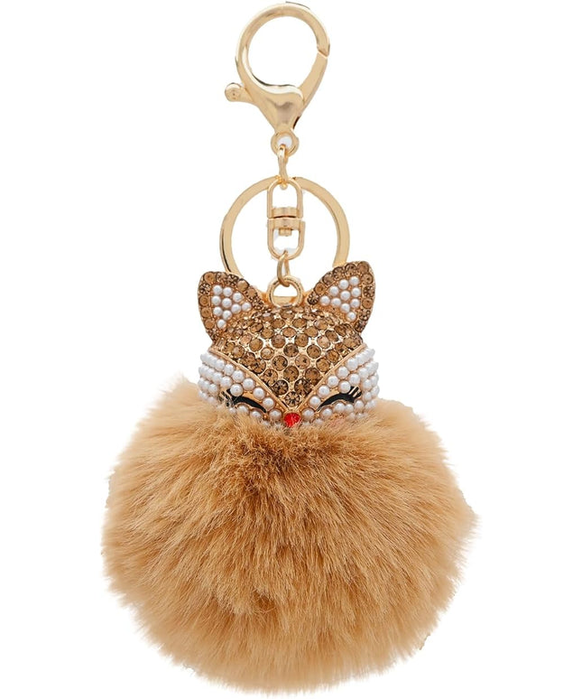Faux Rabbit Fur Ball Pom Pom Keychain with Fox Head Studded with pearl Rhinestone for Womens Bag Car Key Decoration