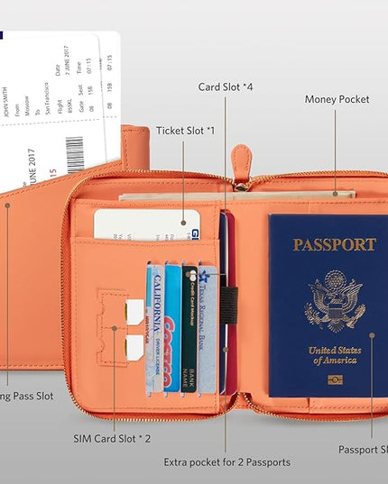 CoBak Passport Holder Cover with Safe Zipper Closure, Premium Passport Wallet for Travel, RFID Blocking Card Case, Waterproof Travel Accessories for Women, Grain Rose Gold