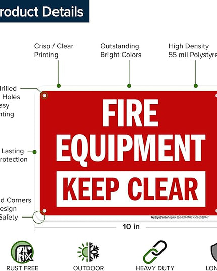 Fire Equipment Keep Clear Sign, 10x7 Inches, 55 mil thick HDPS (high density polystyrene), Made in USA by My Sign Center