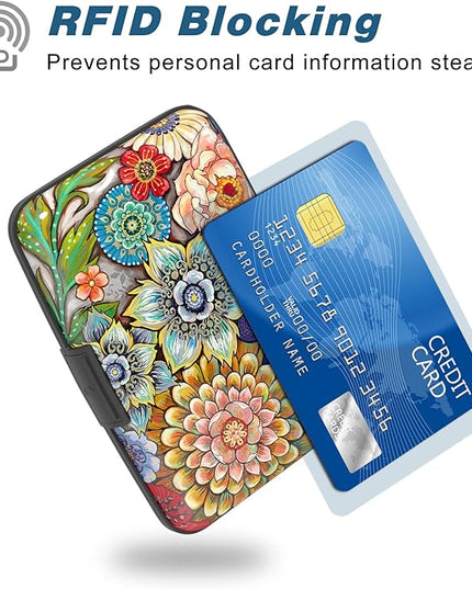 Atufsuat Credit Card Holder, Mini Aluminum Card Wallet RFID Blocking Slim Metal Hard Card Case for Women Men, Mandala Flower