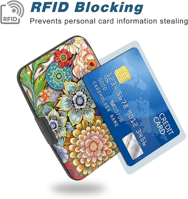 Atufsuat Credit Card Holder, Mini Aluminum Card Wallet RFID Blocking Slim Metal Hard Card Case for Women Men, Mandala Flower