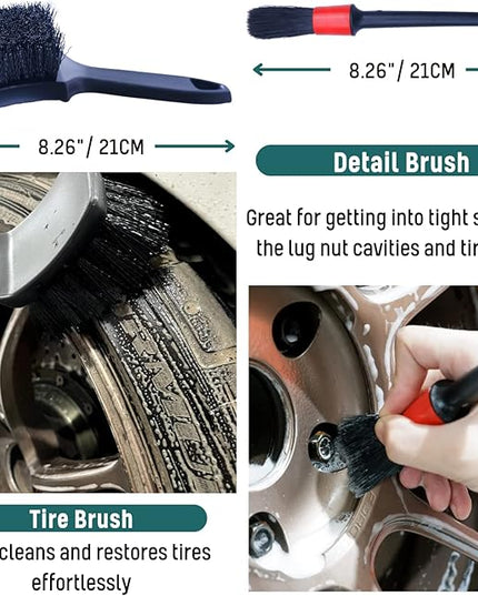 Professional 4 Pack Long Handle Wheel Brush Kit for Cleaning Wheel and Tire- 2X Soft Wheel Cleaning Brush, Detailing Brush and Stiff Tire Brush, Bendable& Durable Wheel Rim Cleaner Brush Set