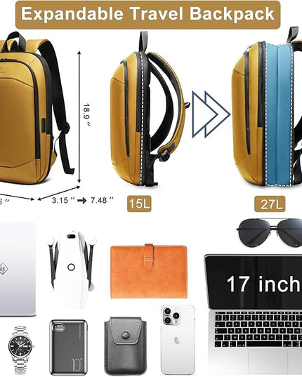 hk Business Backpack for Men 17 Inch,Slim & Expandable Waterproof Travel Laptop Backpack with USB Charger Port (Yellow)